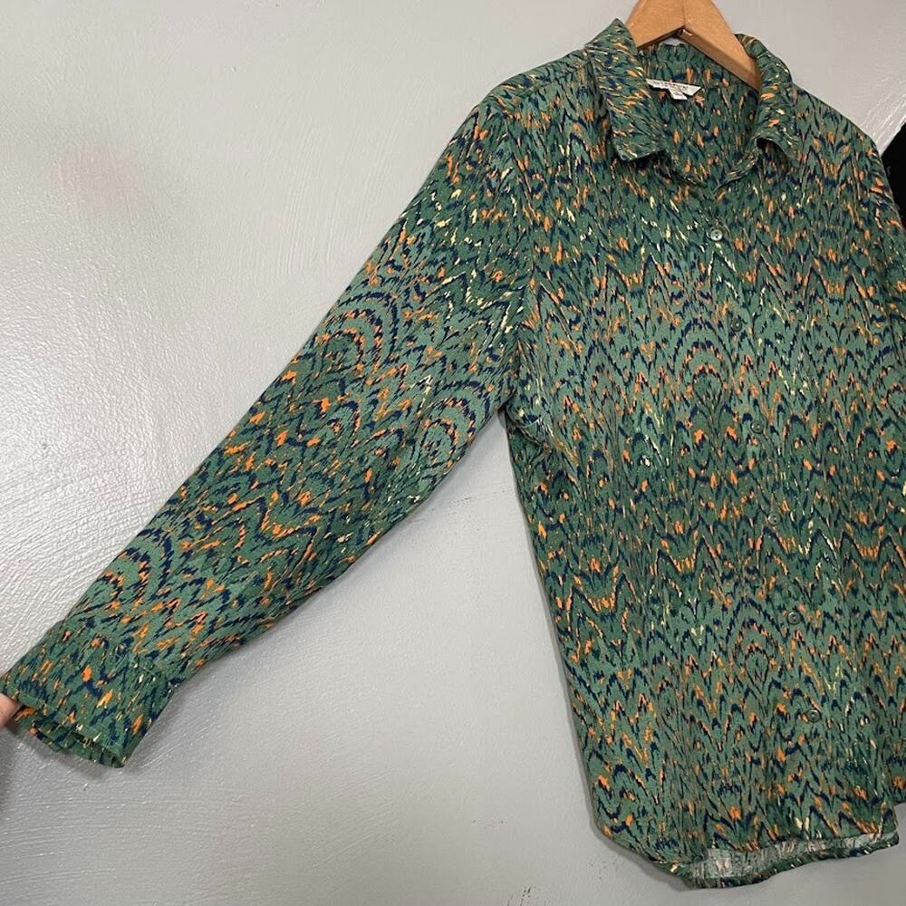 Liverpool Button Up Shirt Size Small Emerald Ikat Earthy Green Woven Blouse Boho - Picture 2 of 9